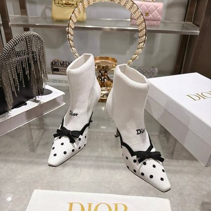 DIOR 26S POINTED TOE HIGH HEEL SOCK BOOTS 90MM IN WHITE AND BLACK KNIT FABRIC POLKA DOT