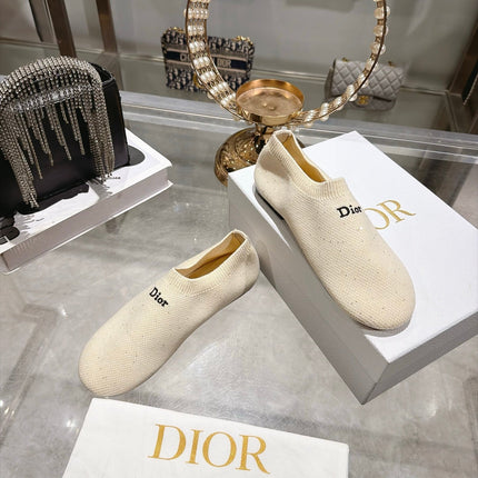 DIOR 26S SLIP ON FLATS IN BEIGE KNIT FABRIC WITH EMBROIDERED LOGO