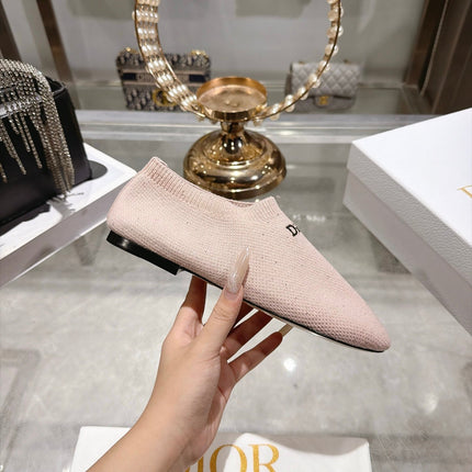DIOR 26S SLIP ON FLATS IN LIGHT PINK KNIT FABRIC WITH EMBROIDERED LOGO