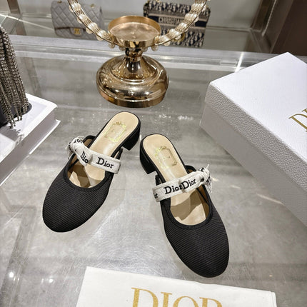 DIOR 26S LOW HEEL MULES 35MM IN BLACK KNIT FABRIC WITH EMBROIDERED STRAP