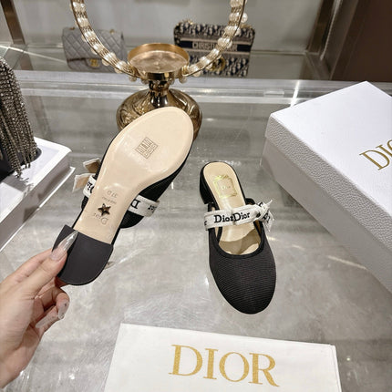 DIOR 26S LOW HEEL MULES 35MM IN BLACK KNIT FABRIC WITH EMBROIDERED STRAP