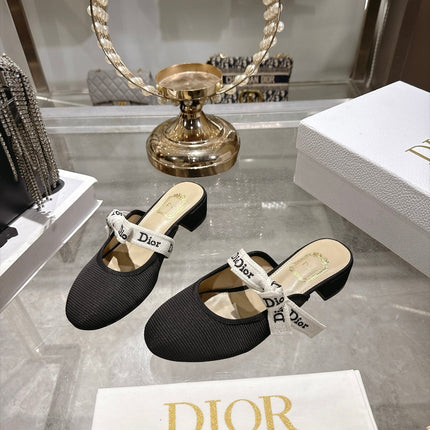 DIOR 26S LOW HEEL MULES 35MM IN BLACK KNIT FABRIC WITH EMBROIDERED STRAP