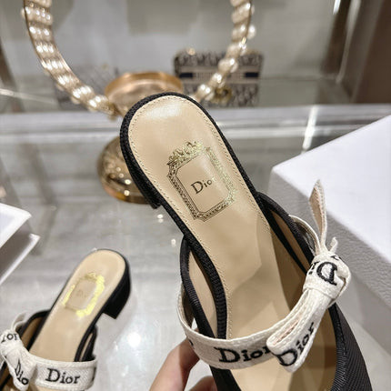 DIOR 26S LOW HEEL MULES 35MM IN BLACK KNIT FABRIC WITH EMBROIDERED STRAP