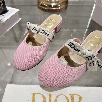 DIOR 26S LOW HEEL MULES 35MM IN PINK KNIT FABRIC WITH EMBROIDERED STRAP