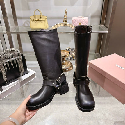 MIUMIU 26S KNEE HIGH BUCKLE BOOTS IN BLACK CALFSKIN SILVER HARDWARE
