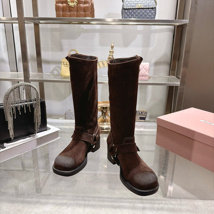 MIUMIU 26S KNEE HIGH BUCKLE BOOTS IN DARK BROWN SUEDE SILVER HARDWARE