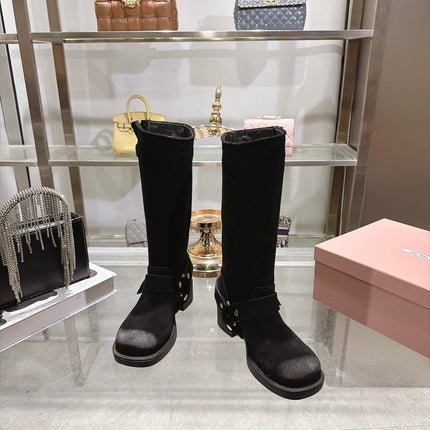 MIUMIU 26S KNEE HIGH BUCKLE BOOTS IN BLACK SUEDE SILVER HARDWARE