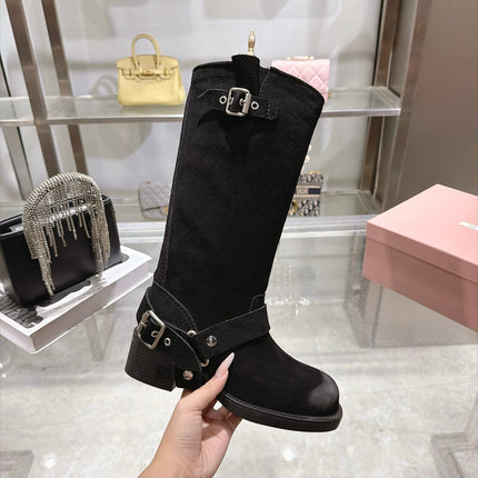 MIUMIU 26S KNEE HIGH BUCKLE BOOTS IN BLACK SUEDE SILVER HARDWARE