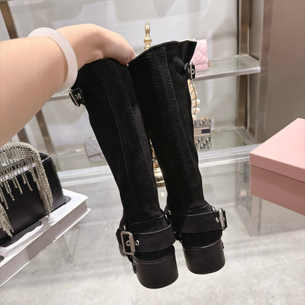 MIUMIU 26S KNEE HIGH BUCKLE BOOTS IN BLACK SUEDE SILVER HARDWARE