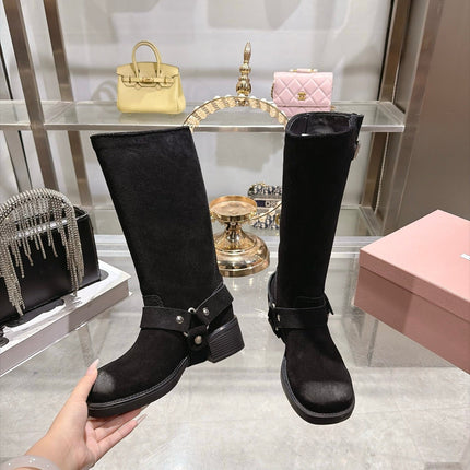 MIUMIU 26S KNEE HIGH BUCKLE BOOTS IN BLACK SUEDE SILVER HARDWARE