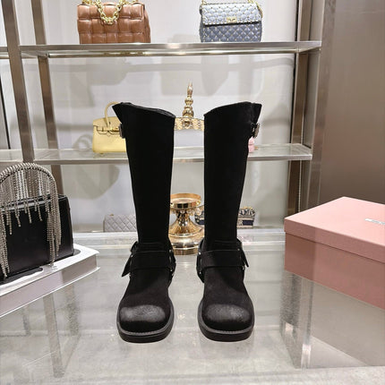 MIUMIU 26S KNEE HIGH BUCKLE BOOTS IN BLACK SUEDE SILVER HARDWARE