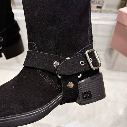 MIUMIU 26S KNEE HIGH BUCKLE BOOTS IN BLACK SUEDE SILVER HARDWARE