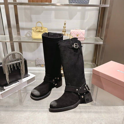 MIUMIU 26S KNEE HIGH BUCKLE BOOTS IN BLACK SUEDE SILVER HARDWARE