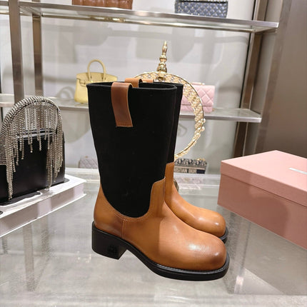 MIUMIU 26S MID CALF BLOCK HEEL BOOTS IN TAN BROWN CALFSKIN AND BLACK STRETCH FABRIC
