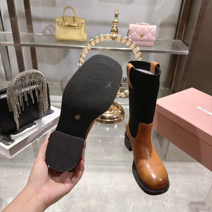 MIUMIU 26S MID CALF BLOCK HEEL BOOTS IN TAN BROWN CALFSKIN AND BLACK STRETCH FABRIC