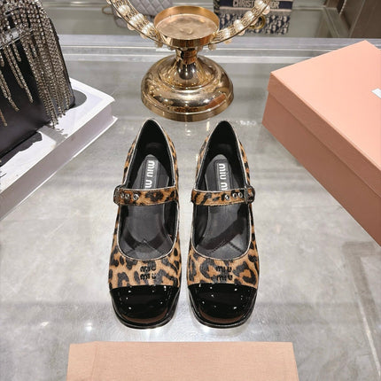 MIUMIU 26S MARY JANE BLOCK HEEL 45MM IN BROWN LEOPARD PRINT PONY HAIR AND BLACK PATENT CALFSKIN CAP TOE