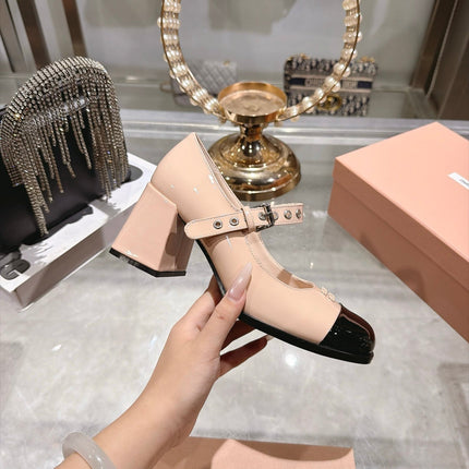 MIUMIU 26S MARY JANE BLOCK HEEL 75MM IN NUDE BEIGE PATENT CALFSKIN AND BLACK PATENT CALFSKIN CAP TOE SILVER HARDWARE
