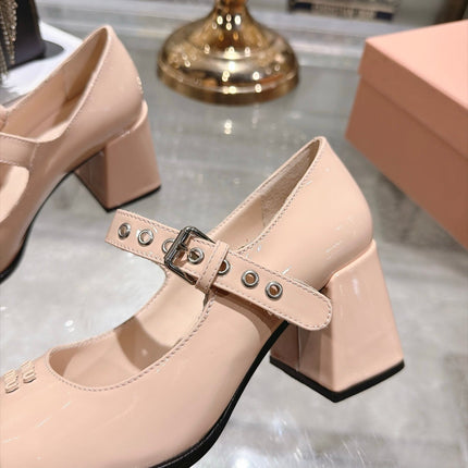 MIUMIU 26S MARY JANE BLOCK HEEL 75MM IN NUDE BEIGE PATENT CALFSKIN AND BLACK PATENT CALFSKIN CAP TOE SILVER HARDWARE
