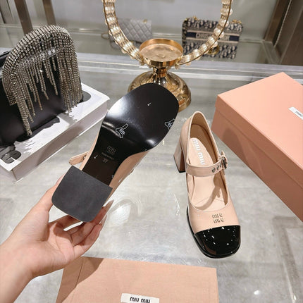 MIUMIU 26S MARY JANE BLOCK HEEL 75MM IN NUDE BEIGE PATENT CALFSKIN AND BLACK PATENT CALFSKIN CAP TOE SILVER HARDWARE