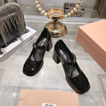 MIUMIU 26S MARY JANE BLOCK HEEL 75MM IN BLACK PATENT CALFSKIN SILVER HARDWARE