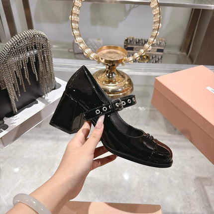MIUMIU 26S MARY JANE BLOCK HEEL 75MM IN BLACK PATENT CALFSKIN SILVER HARDWARE