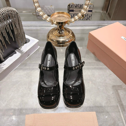 MIUMIU 26S MARY JANE BLOCK HEEL 75MM IN BLACK PATENT CALFSKIN SILVER HARDWARE