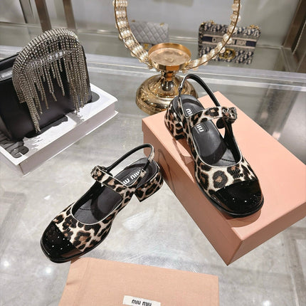 MIUMIU 26S SLINGBACK MARY JANE 45MM IN LEOPARD PRINT PONY HAIR AND BLACK PATENT CALFSKIN CAP TOE