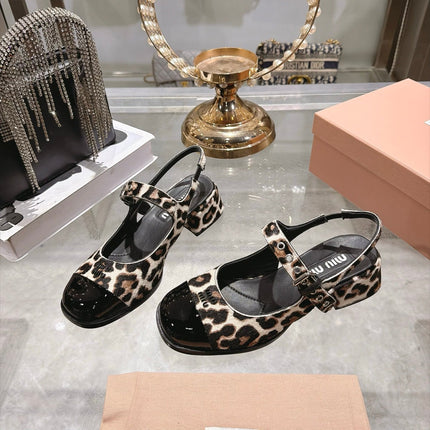 MIUMIU 26S SLINGBACK MARY JANE 45MM IN LEOPARD PRINT PONY HAIR AND BLACK PATENT CALFSKIN CAP TOE
