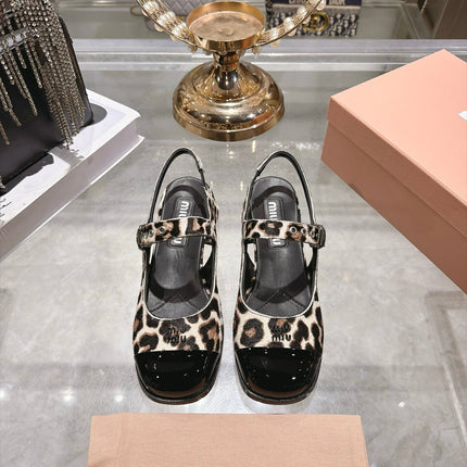 MIUMIU 26S SLINGBACK MARY JANE 45MM IN LEOPARD PRINT PONY HAIR AND BLACK PATENT CALFSKIN CAP TOE
