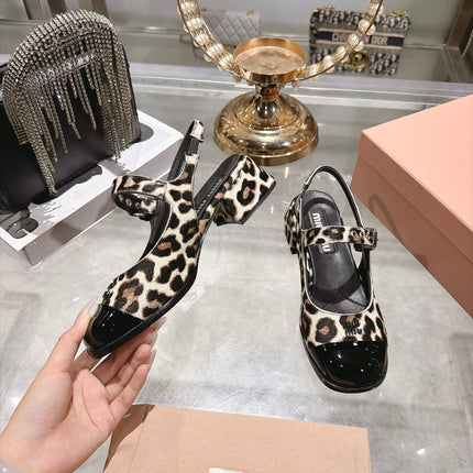 MIUMIU 26S SLINGBACK MARY JANE 45MM IN LEOPARD PRINT PONY HAIR AND BLACK PATENT CALFSKIN CAP TOE
