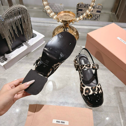MIUMIU 26S SLINGBACK MARY JANE 45MM IN LEOPARD PRINT PONY HAIR AND BLACK PATENT CALFSKIN CAP TOE