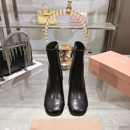 MIUMIU 26S BLOCK HEEL ANKLE BOOTS 75MM IN BLACK CALFSKIN
