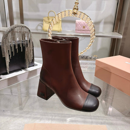 MIUMIU 26S  BLOCK HEEL ANKLE BOOTS 75MM IN BURGUNDY RED AND BLACK CALFSKIN