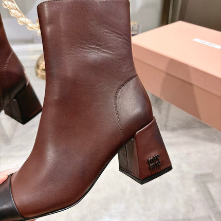 MIUMIU 26S  BLOCK HEEL ANKLE BOOTS 75MM IN BURGUNDY RED AND BLACK CALFSKIN