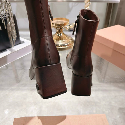MIUMIU 26S  BLOCK HEEL ANKLE BOOTS 75MM IN BURGUNDY RED AND BLACK CALFSKIN