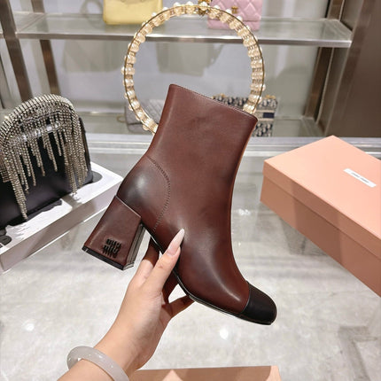 MIUMIU 26S  BLOCK HEEL ANKLE BOOTS 75MM IN BURGUNDY RED AND BLACK CALFSKIN