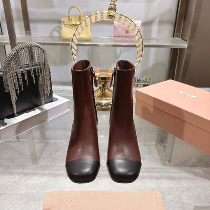 MIUMIU 26S  BLOCK HEEL ANKLE BOOTS 75MM IN BURGUNDY RED AND BLACK CALFSKIN