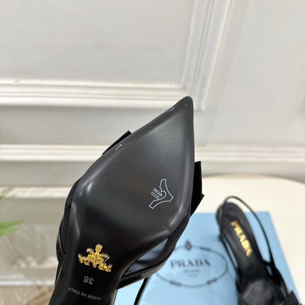 PRADA 26S POINTED-TOE SLINGBACK HEELS 75MM IN BLACK MESH WITH BLACK BOW