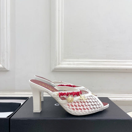 CHANEL 26S STARFISH EMBELLISHED MULE IN WHITE RED LEATHER & MESH