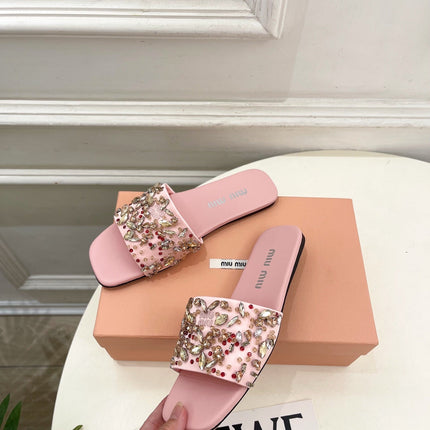 MIUMIU 26S SLIDES IN LIGHT PINK SATIN CRYSTAL EMBELLISHED