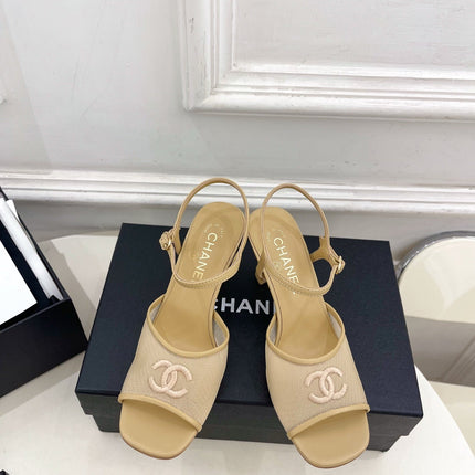CHANEL 26S HIGH HEEL SLINGBACK SANDALS 70 MM IN BEIGE MESH