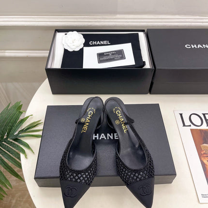 CHANEL 26S POINTED TOE HIGH HEEL SLINGBACK PUMPS 60MM IN BLACK MESH