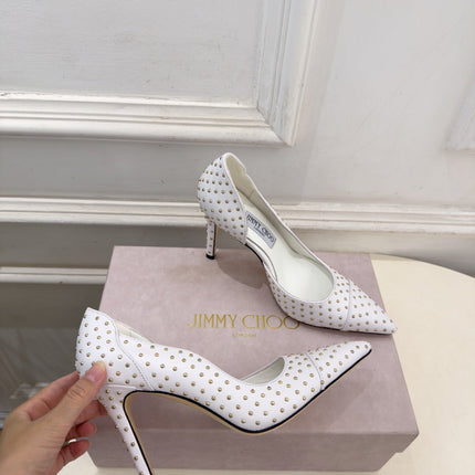 JIMMY CHOO 26S HIGH HEELS 100 MM IN OFF WHITE CALFSKIN WITH ROUND STUDS