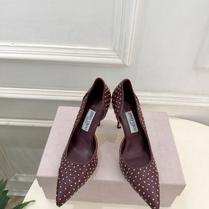 JIMMY CHOO 26S HIGH HEELS 100 MM IN BURGUNDY CALFSKIN WITH ROUND STUDS