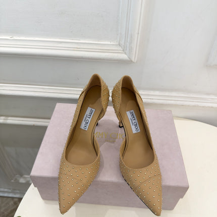 JIMMY CHOO 26S HIGH HEELS 100 MM IN DARK BEIGE CALFSKIN WITH ROUND STUDS