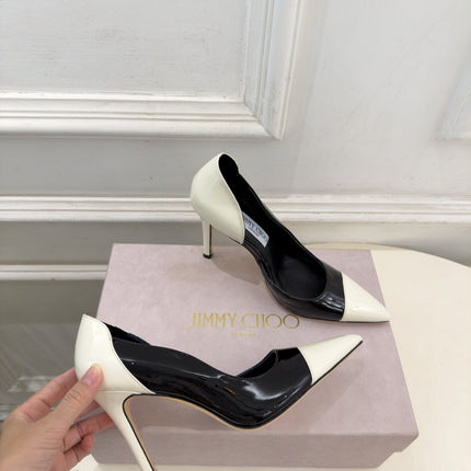 JIMMY CHOO 26S HIGH HEELS 100 MM IN CREAM WHITE AND BLACK SHINY CALFSKIN
