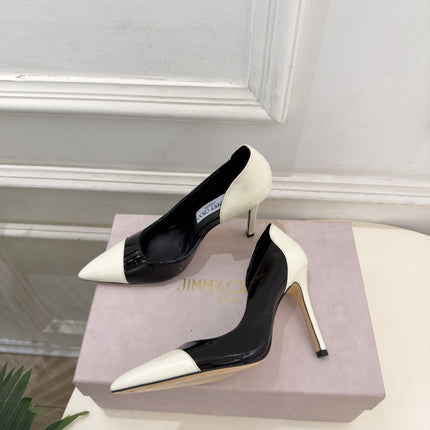 JIMMY CHOO 26S HIGH HEELS 100 MM IN CREAM WHITE AND BLACK SHINY CALFSKIN