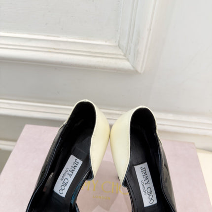 JIMMY CHOO 26S HIGH HEELS 100 MM IN CREAM WHITE AND BLACK SHINY CALFSKIN