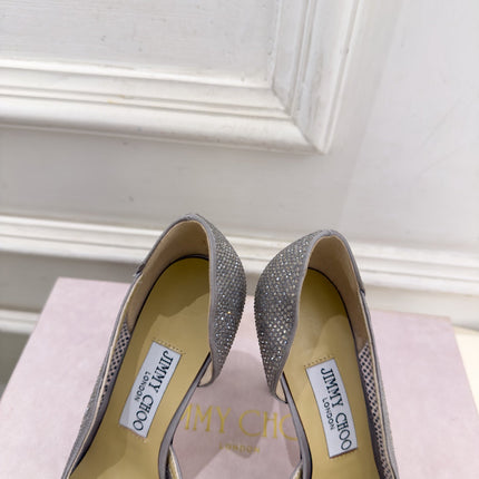 JIMMY CHOO 26S HIGH HEELS 100 MM IN GREY MESH FULLY EMBELLISHED WITH CRYSTALS