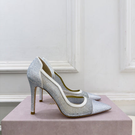 JIMMY CHOO 26S HIGH HEELS 100 MM IN OFF WHITE MESH FULLY EMBELLISHED WITH CRYSTALS